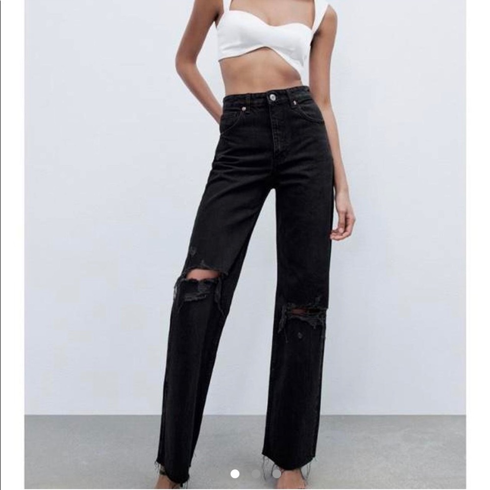 zara wide leg black high waisted denim pants size 8